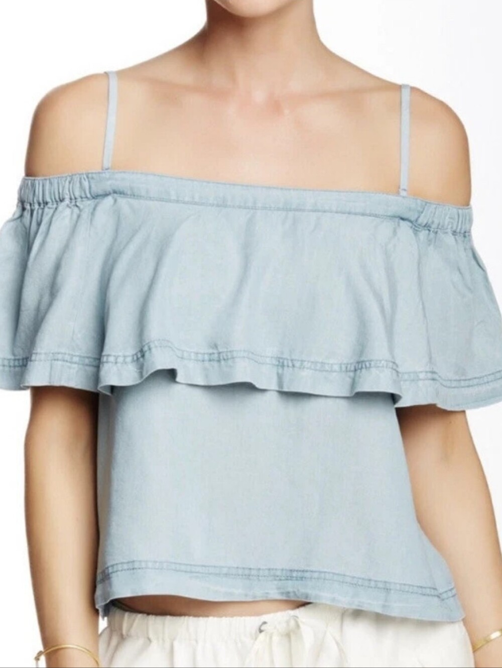 Free People Off the Shoulder Denim Chambray Layered Ruffle Top Size S